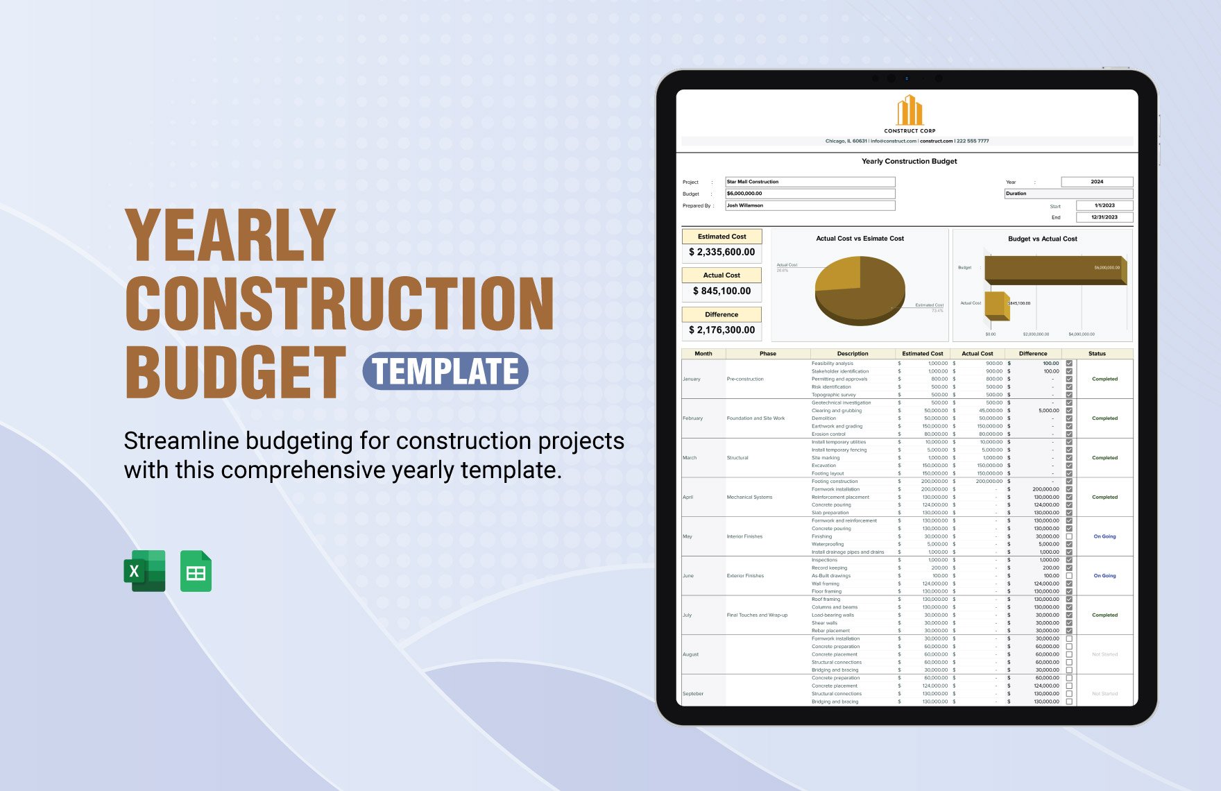 Yearly Construction Budget Template in Excel, Google Sheets