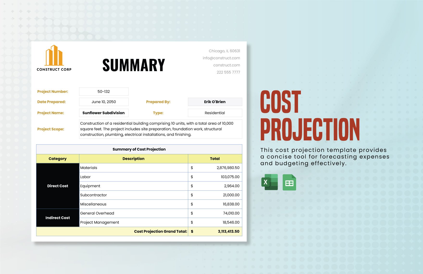 Cost Projection Template in Excel, Google Sheets