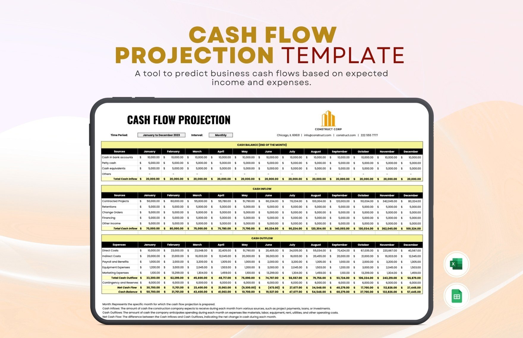 Cash Flow Projection Template in Excel, Google Sheets