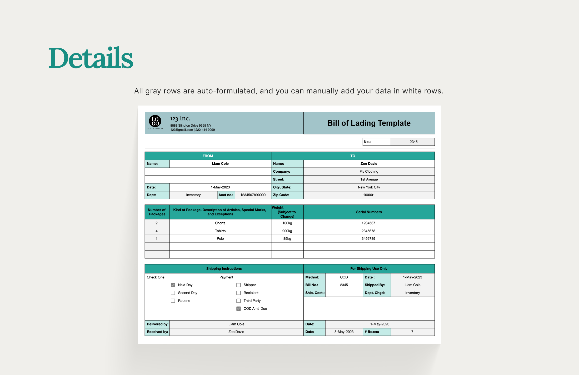 Free Bill of Lading Template - Download in Excel, Google Sheets ...