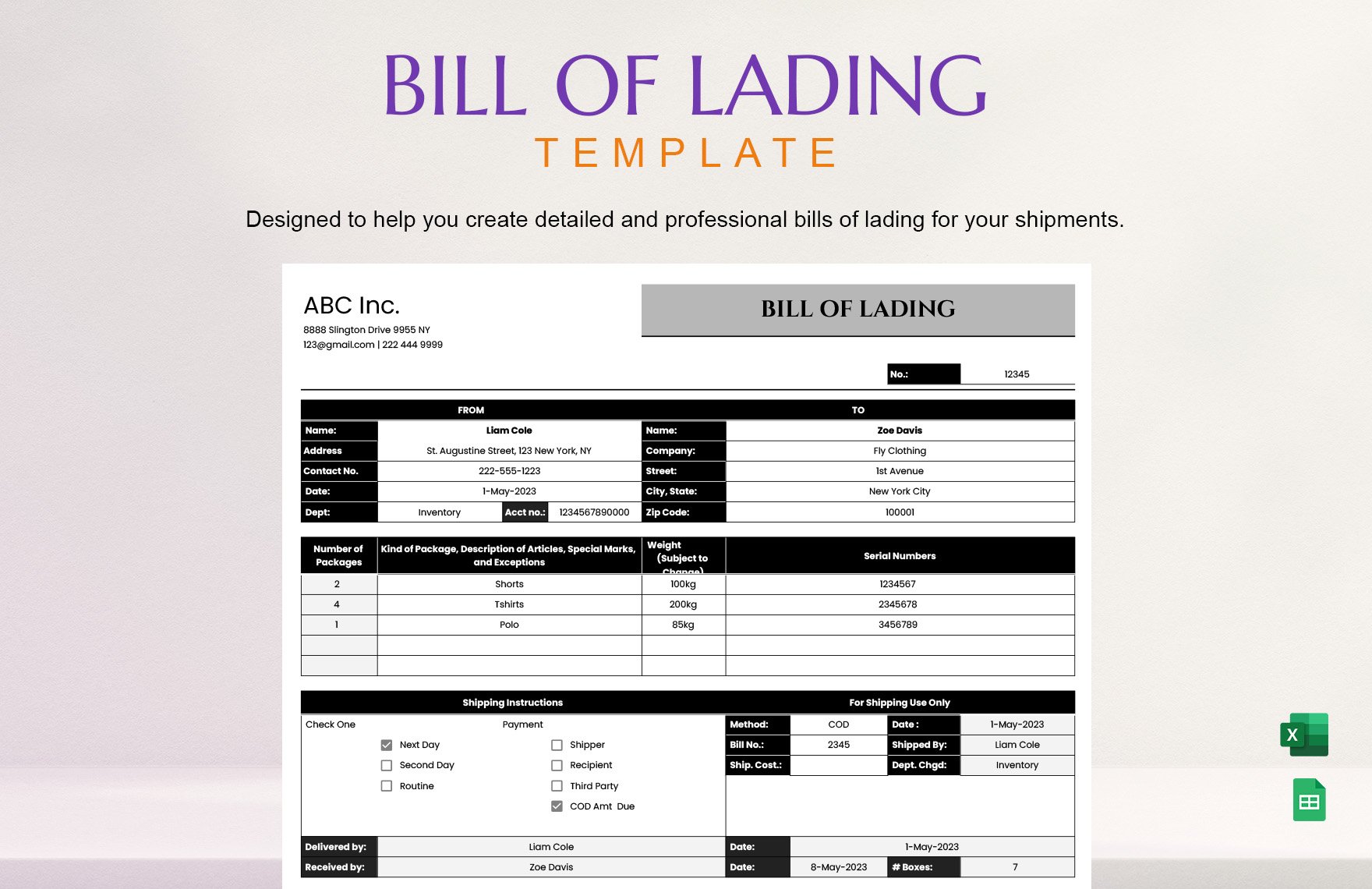 Free Bill of Lading Template in Excel, Google Sheets