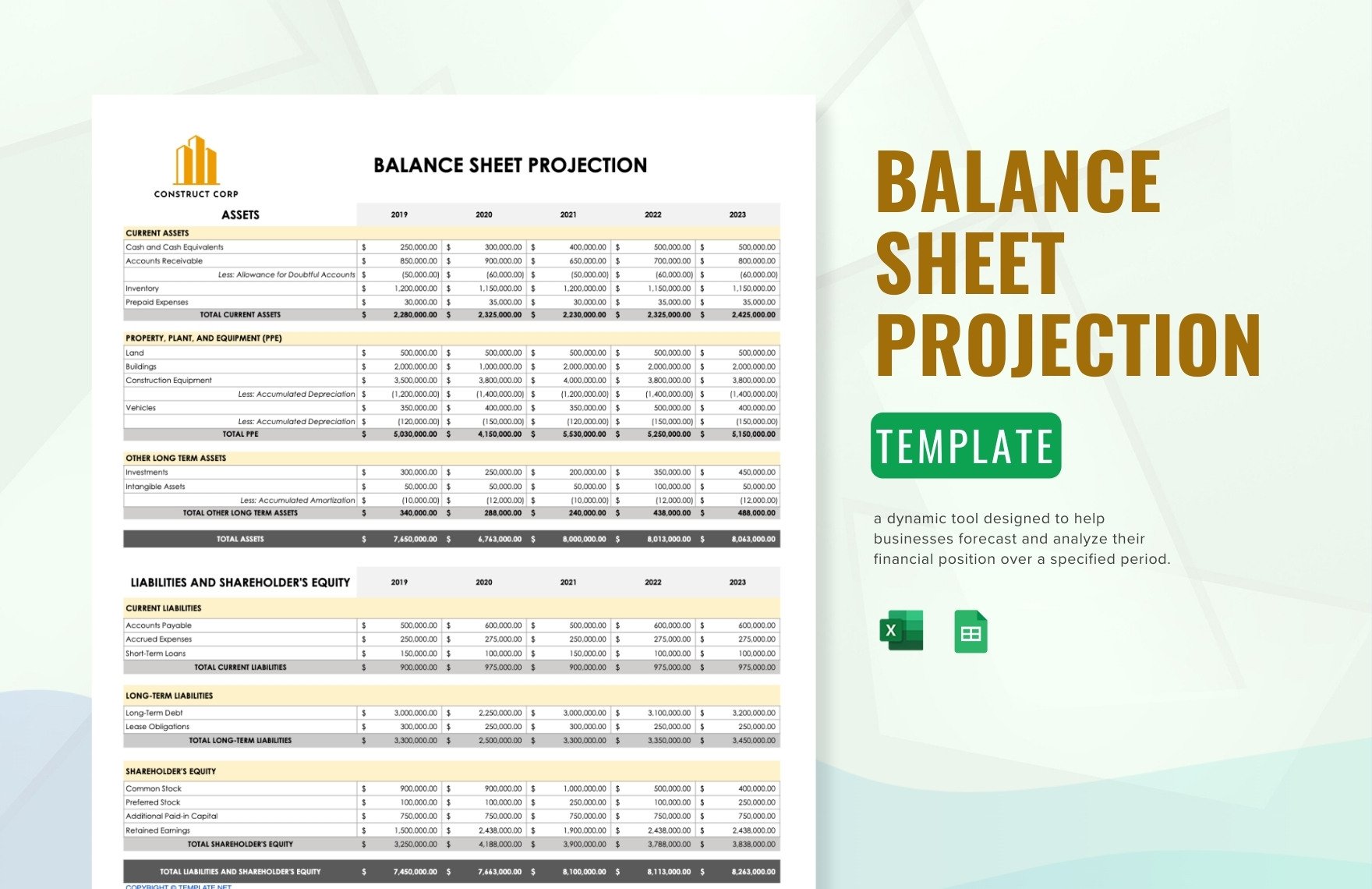 Balance Sheet Projection Template in Excel, Google Sheets