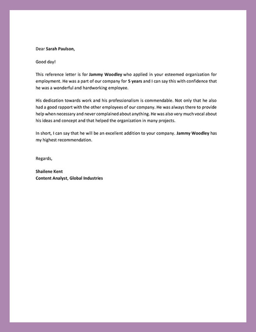 Reference Letter Example Template