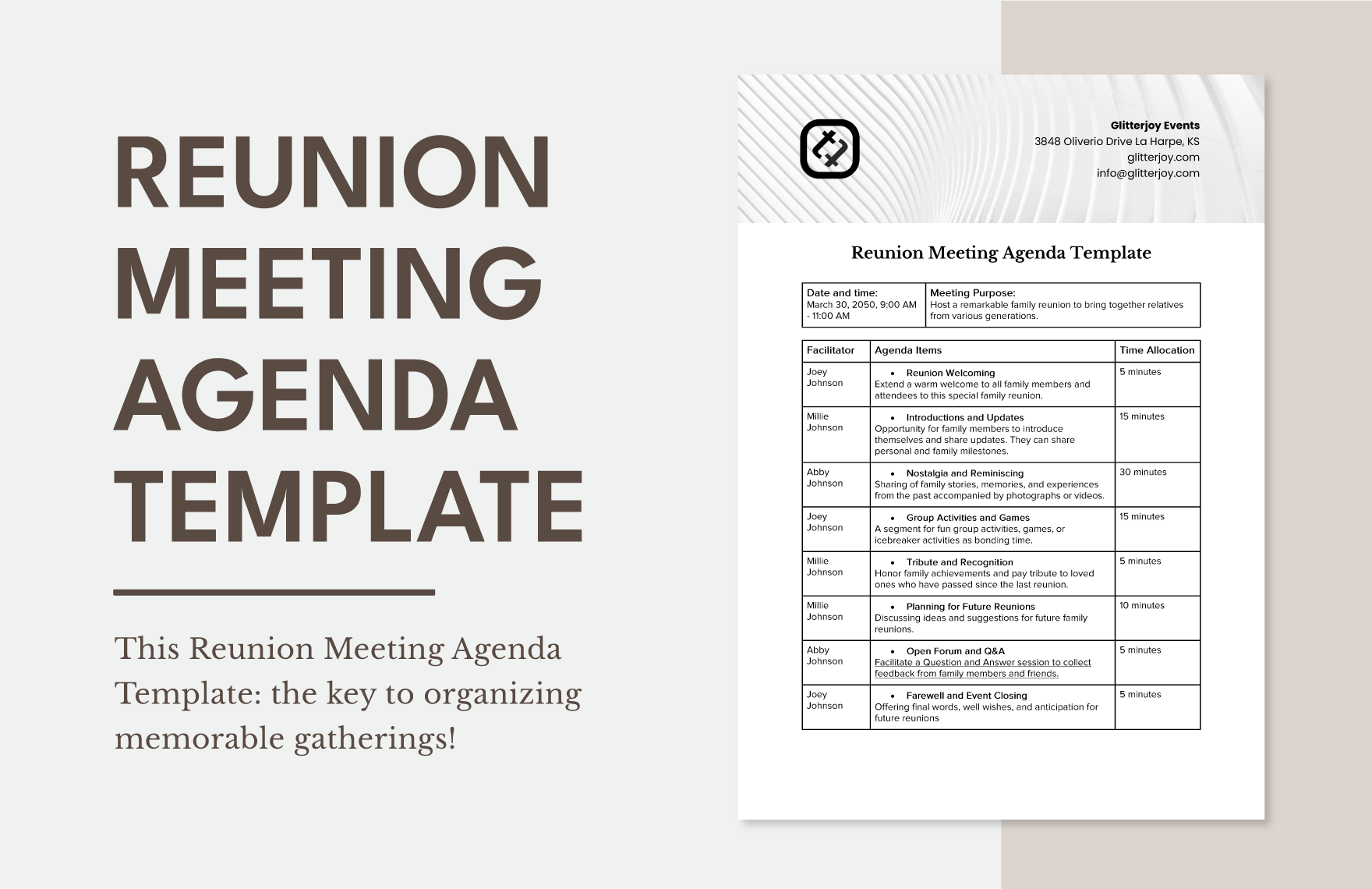 Reunion Meeting Agenda Template in Word, Google Docs, PDF
