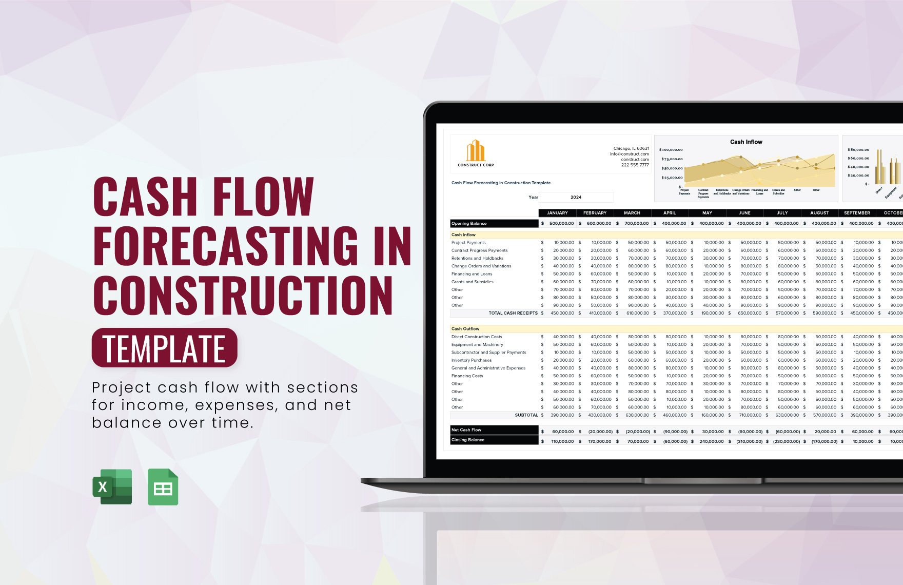 Cash Flow Forecasting in Construction Template in Excel, Google Sheets