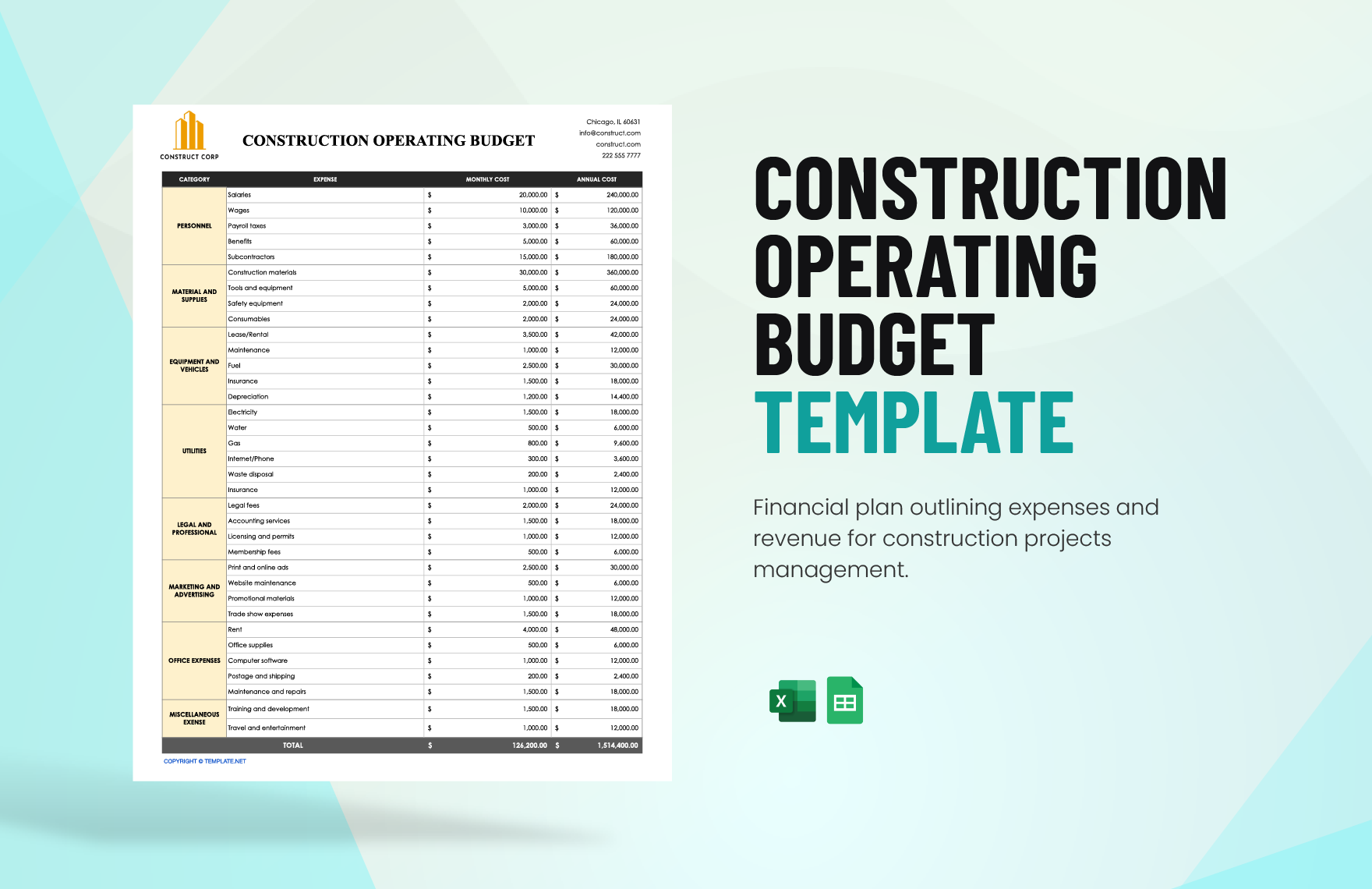 Construction Operating Budget in Excel, Google Sheets