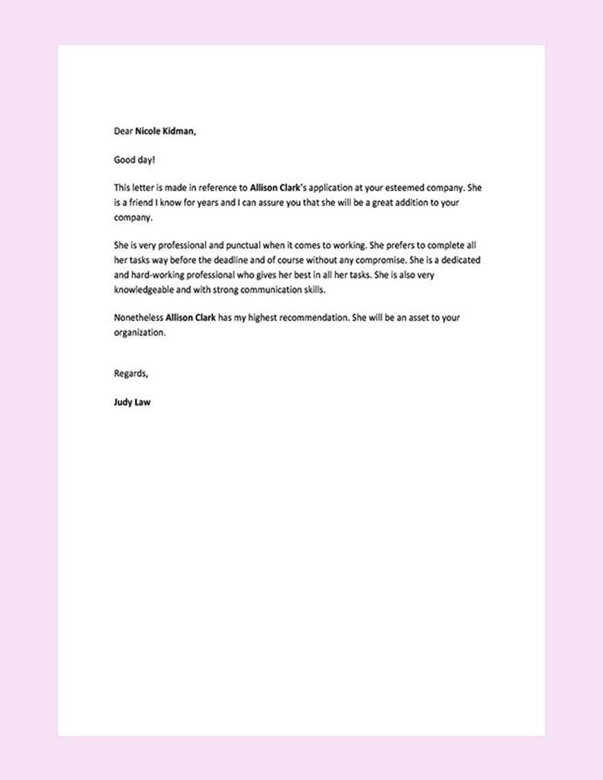 Reference Letter for a Friend Template