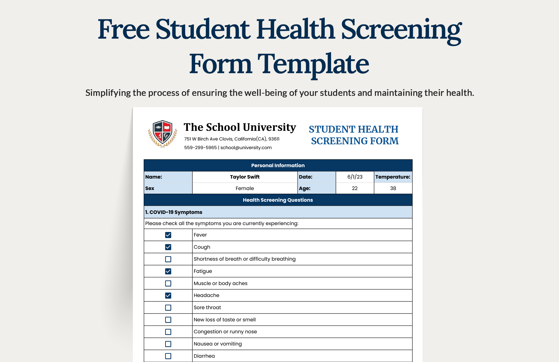 Free Student Health Screening Form Template - Excel, Google Sheets ...