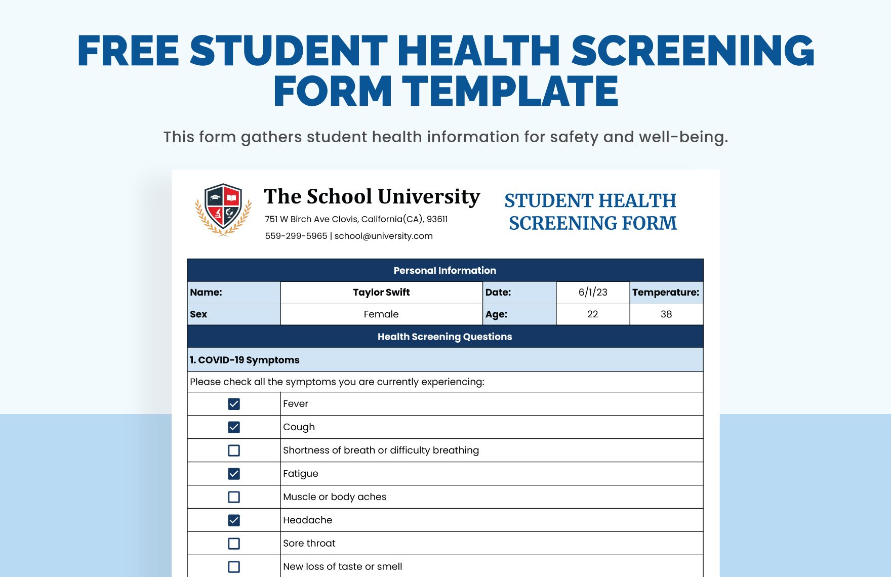 Free Student Health Screening Form Template