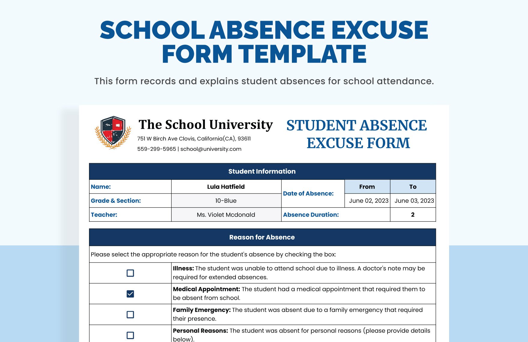 School Absence Excuse Form Template