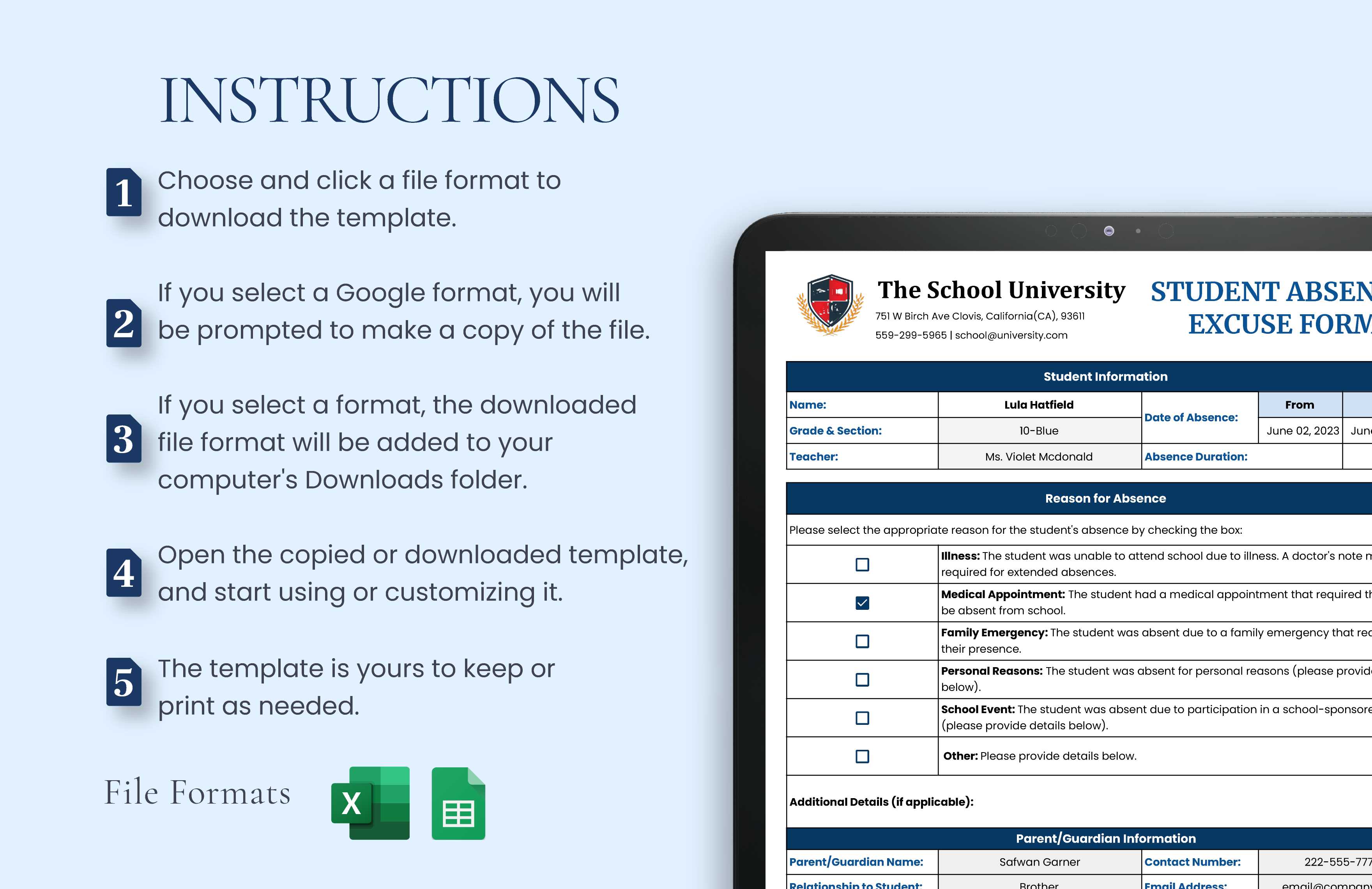 School Absence Excuse Form Template - Download in Excel, Google Sheets ...