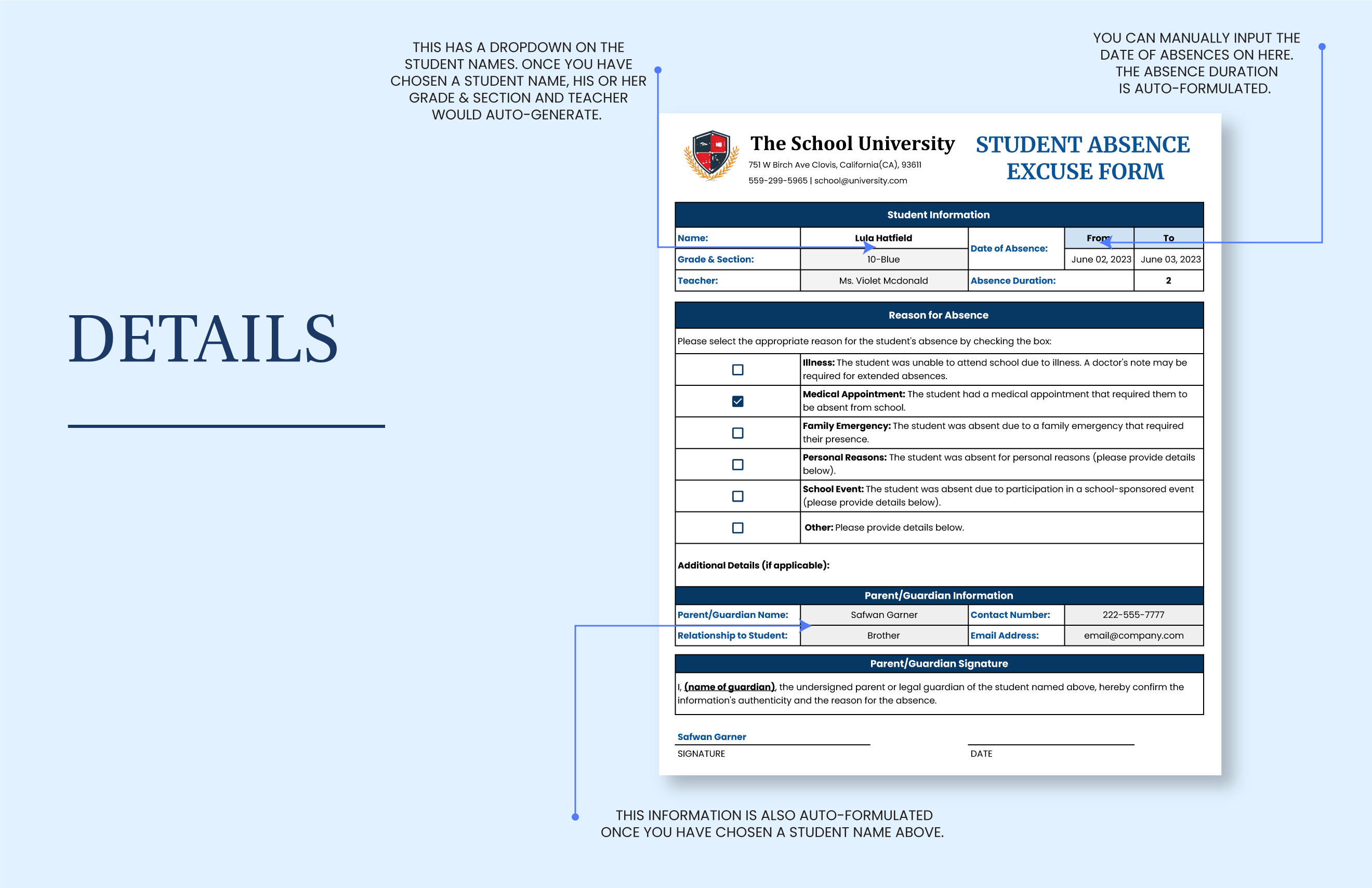 School Absence Excuse Form Template - Download in Excel, Google Sheets ...