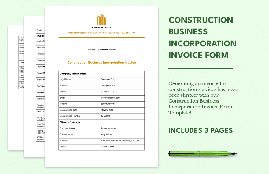 Construction Business Incorporation Invoice Form 