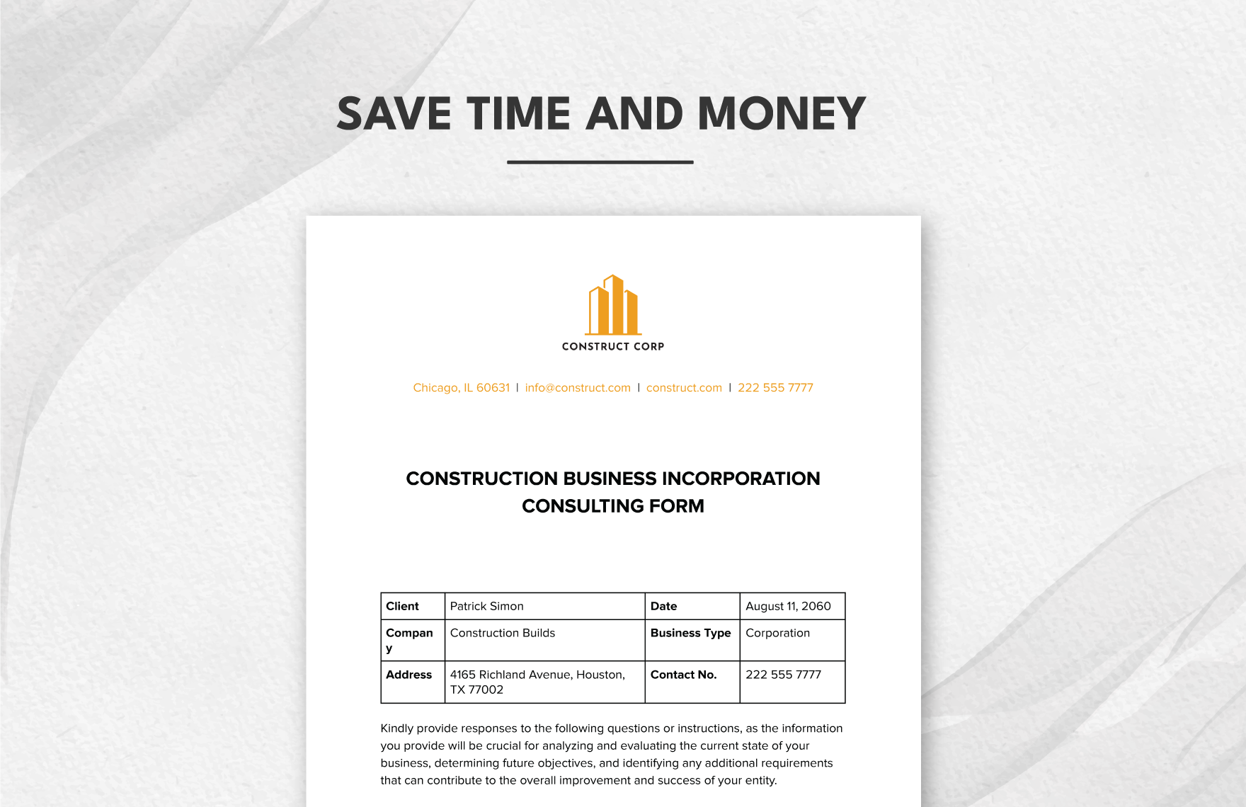 Construction Business Incorporation Consulting Form Template