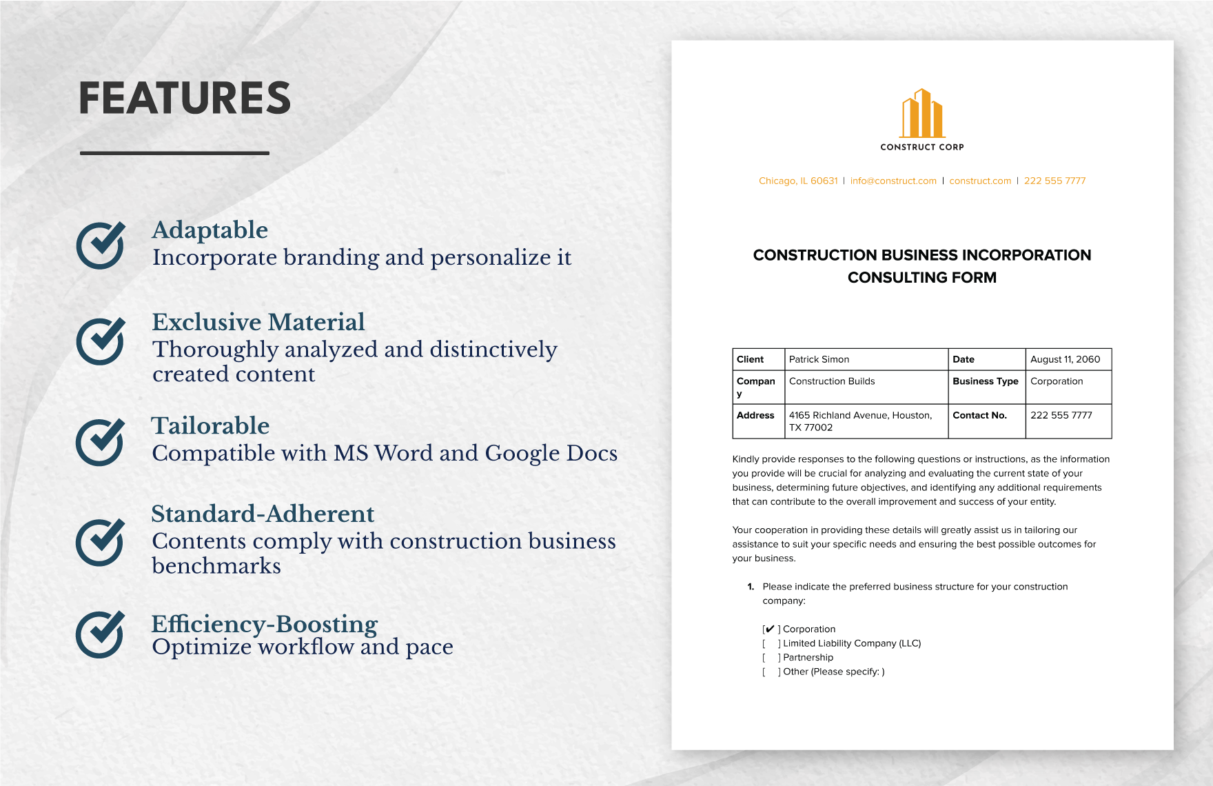 Construction Business Incorporation Consulting Form Template