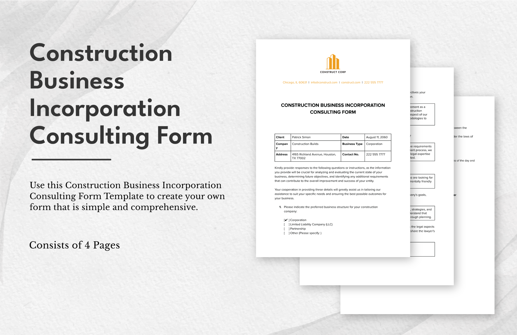 Construction Business Incorporation Consulting Form Template