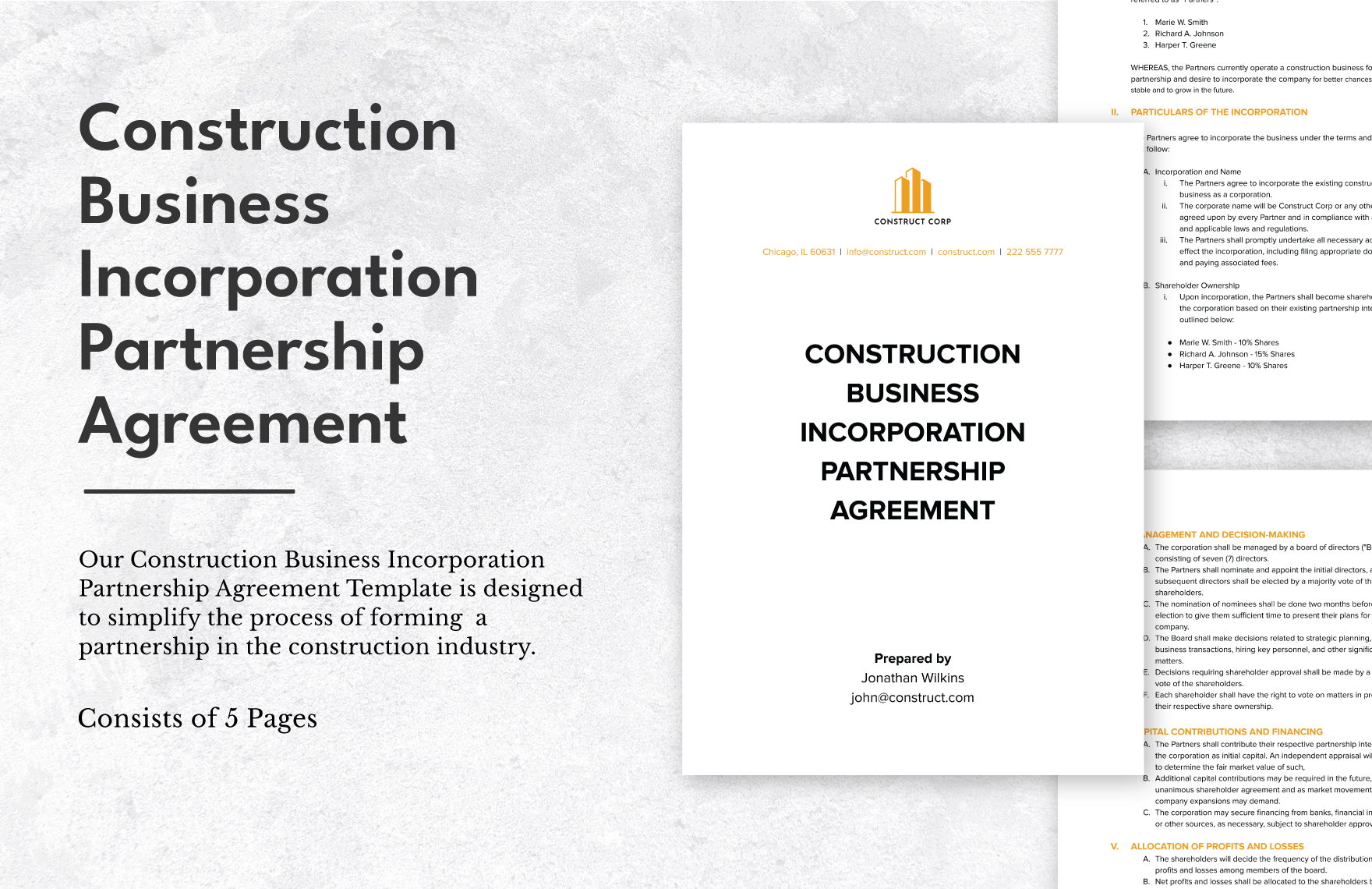 Construction Business Incorporation Partnership Agreement Template