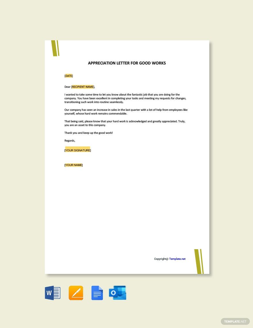 Appreciation Letter for Good Work in Word, Google Docs, PDF, Apple Pages