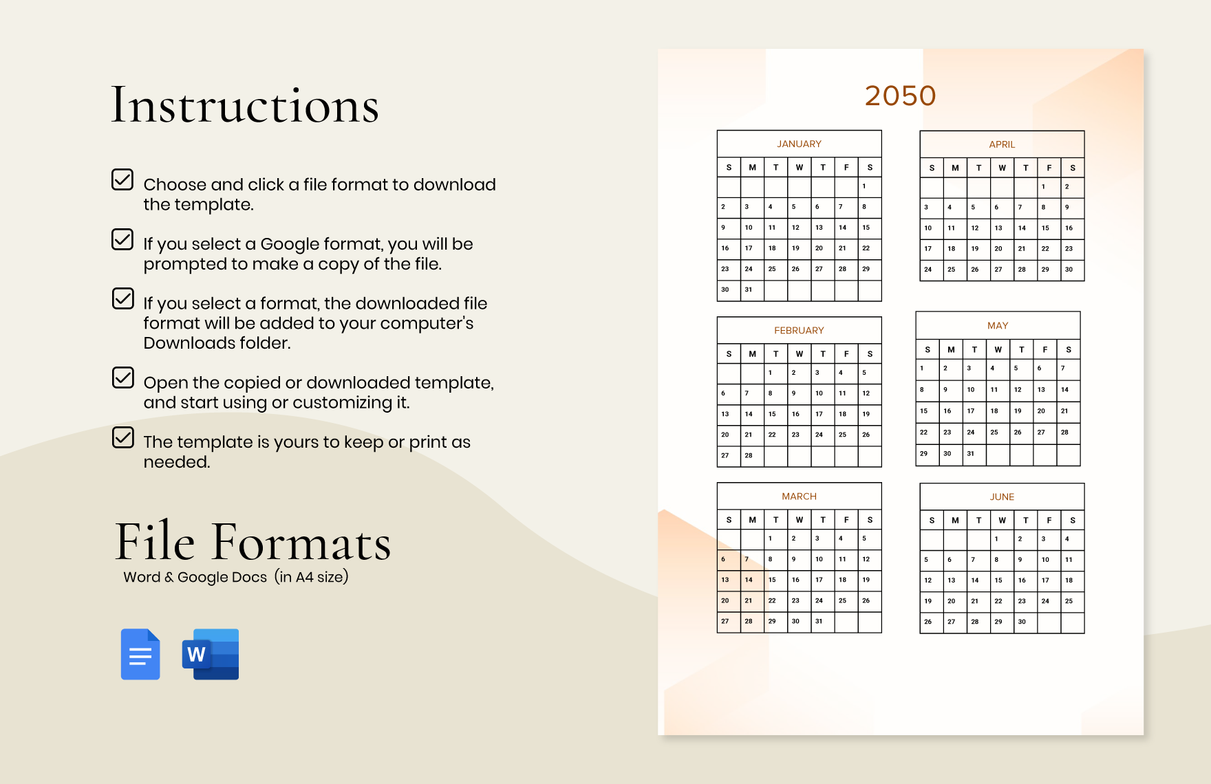 12 Month Calendar Template Word, Google Docs