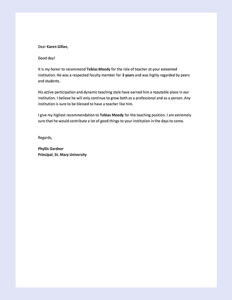 Reference Letter for a Teacher Template - Google Docs, Word | Template.net