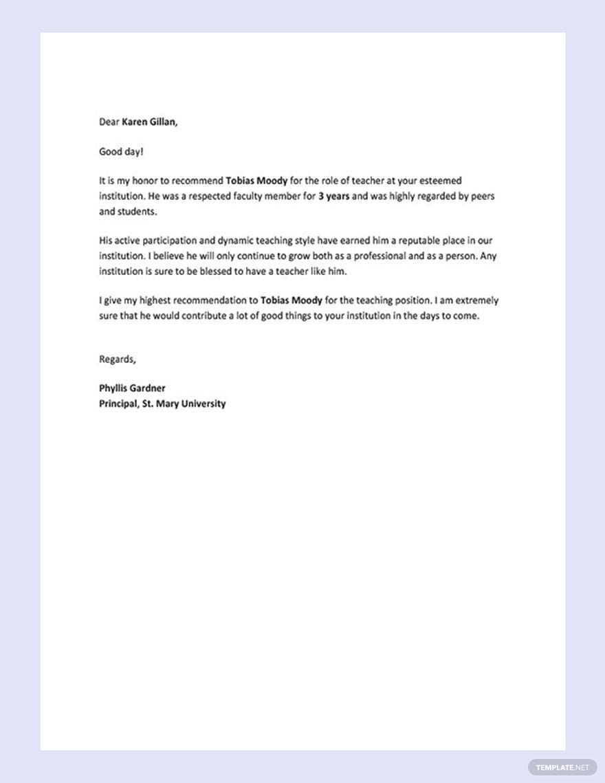 Reference Letter for a Teacher