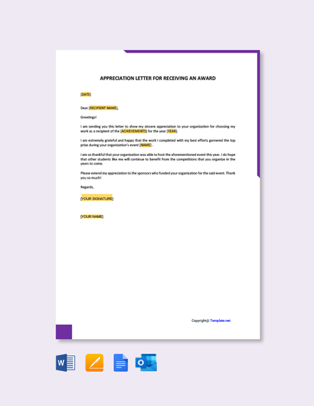 Appreciation Letter Template For Receiving An Award Free Pdf Word Apple Pages Google Docs