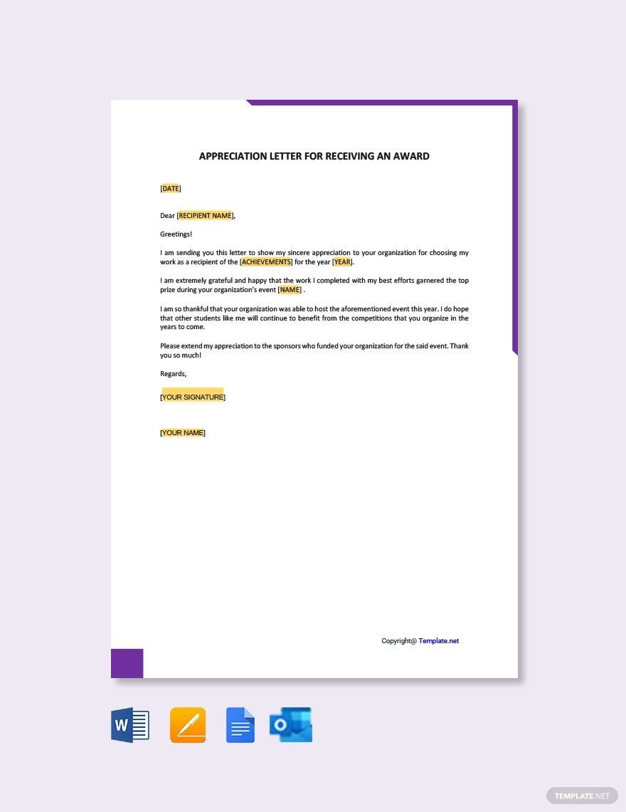 Free Appreciation Letter for Receiving an Award Template