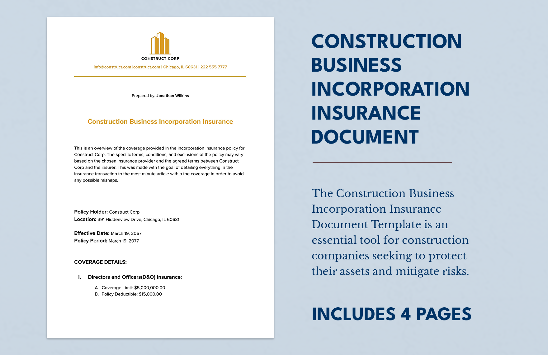 Construction Business Incorporation Insurance Document