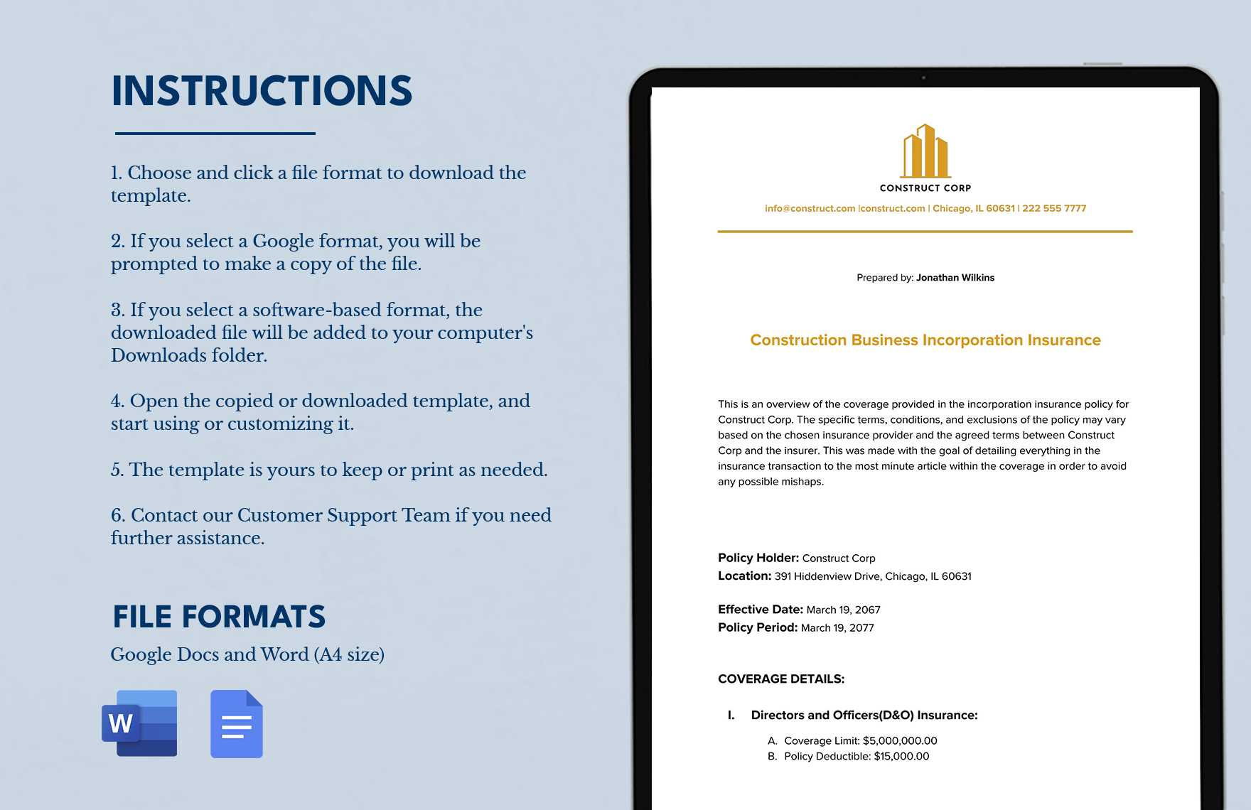 Construction Business Incorporation Insurance Document
