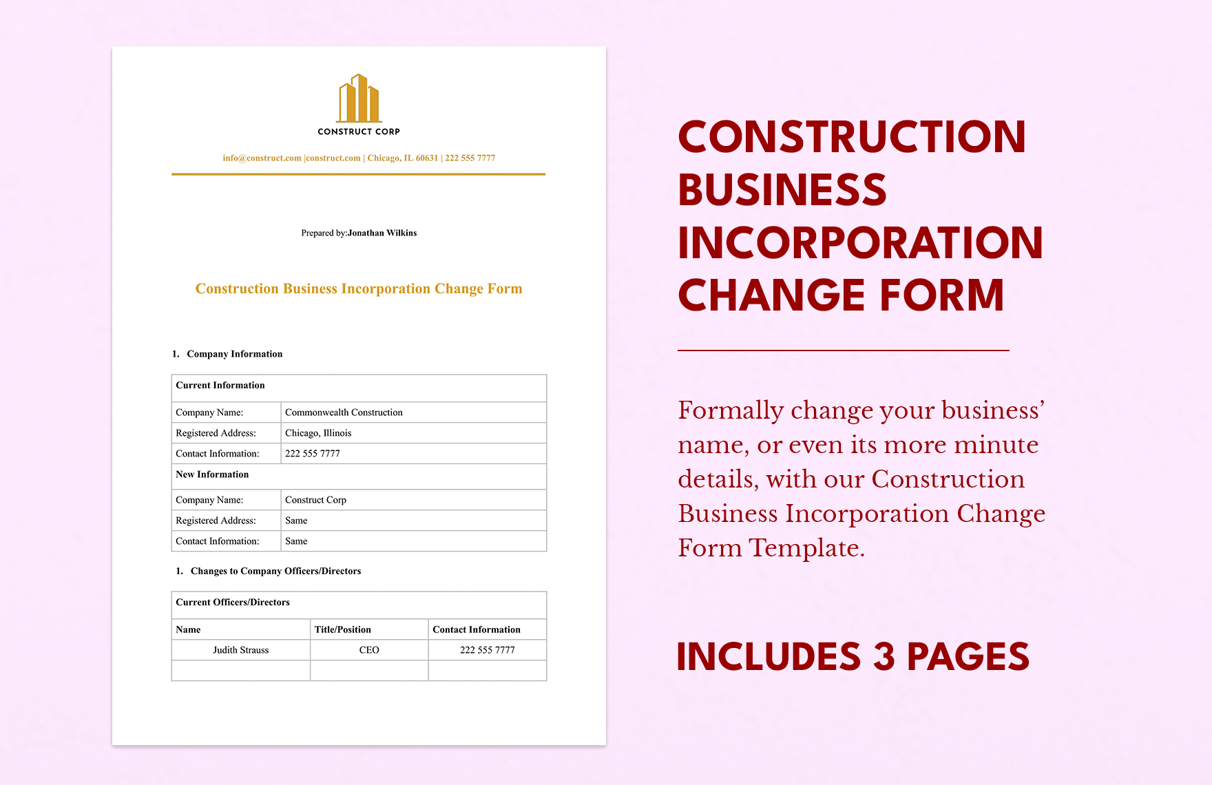 Construction Business Incorporation Change Form