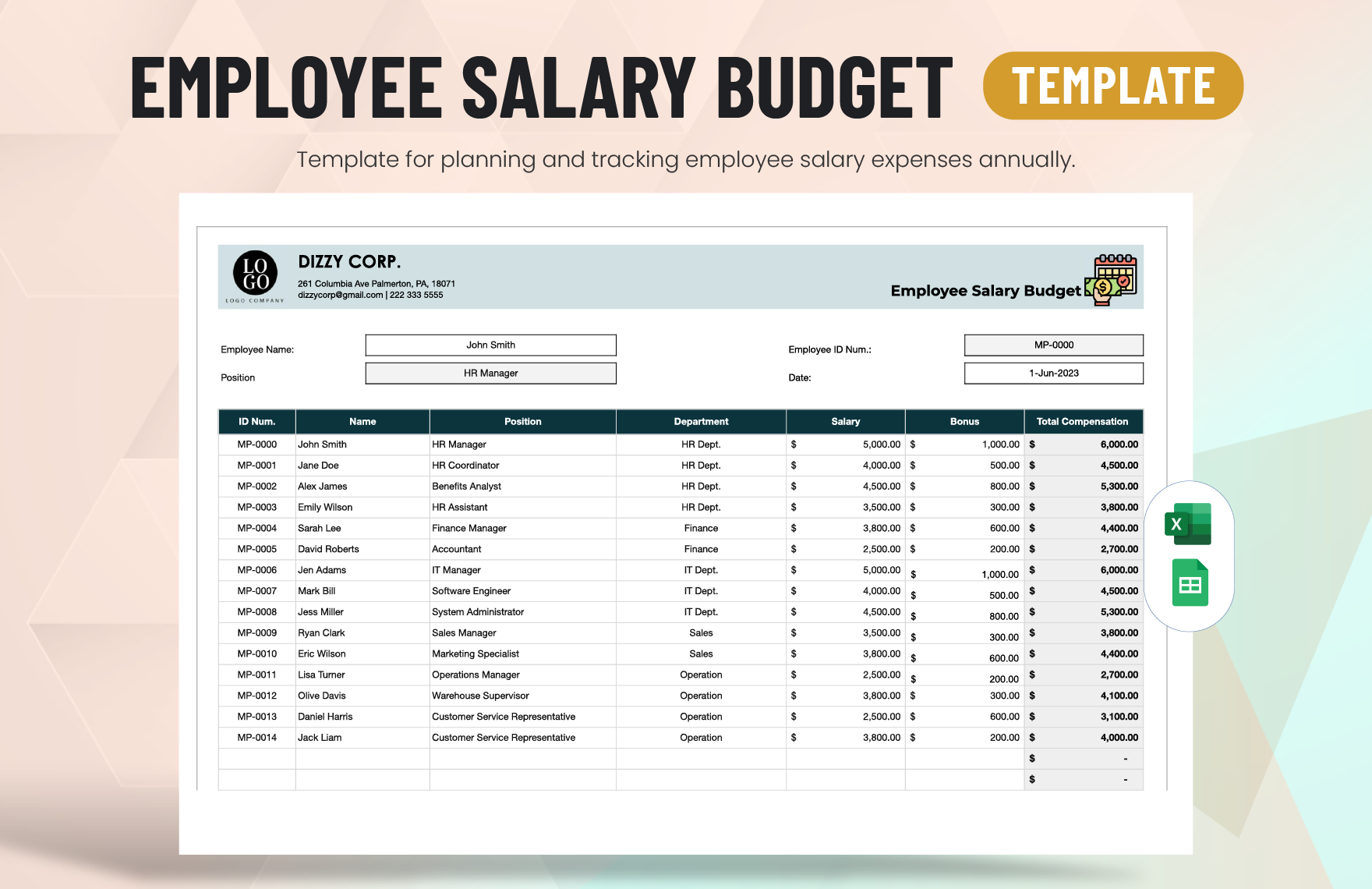 Employee Salary Budget Template in Excel, Google Sheets