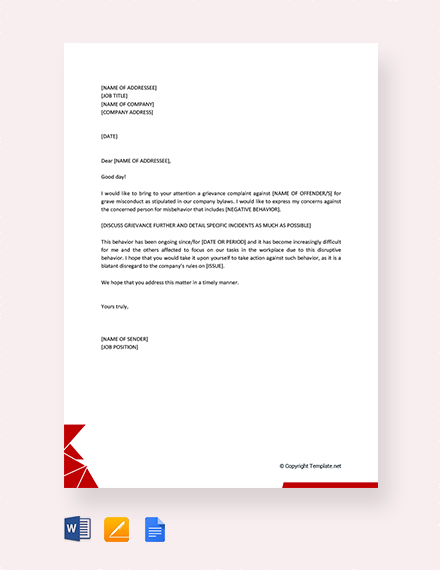 FREE Grievance Letter to Employer Template - Word | Google Docs | Apple ...