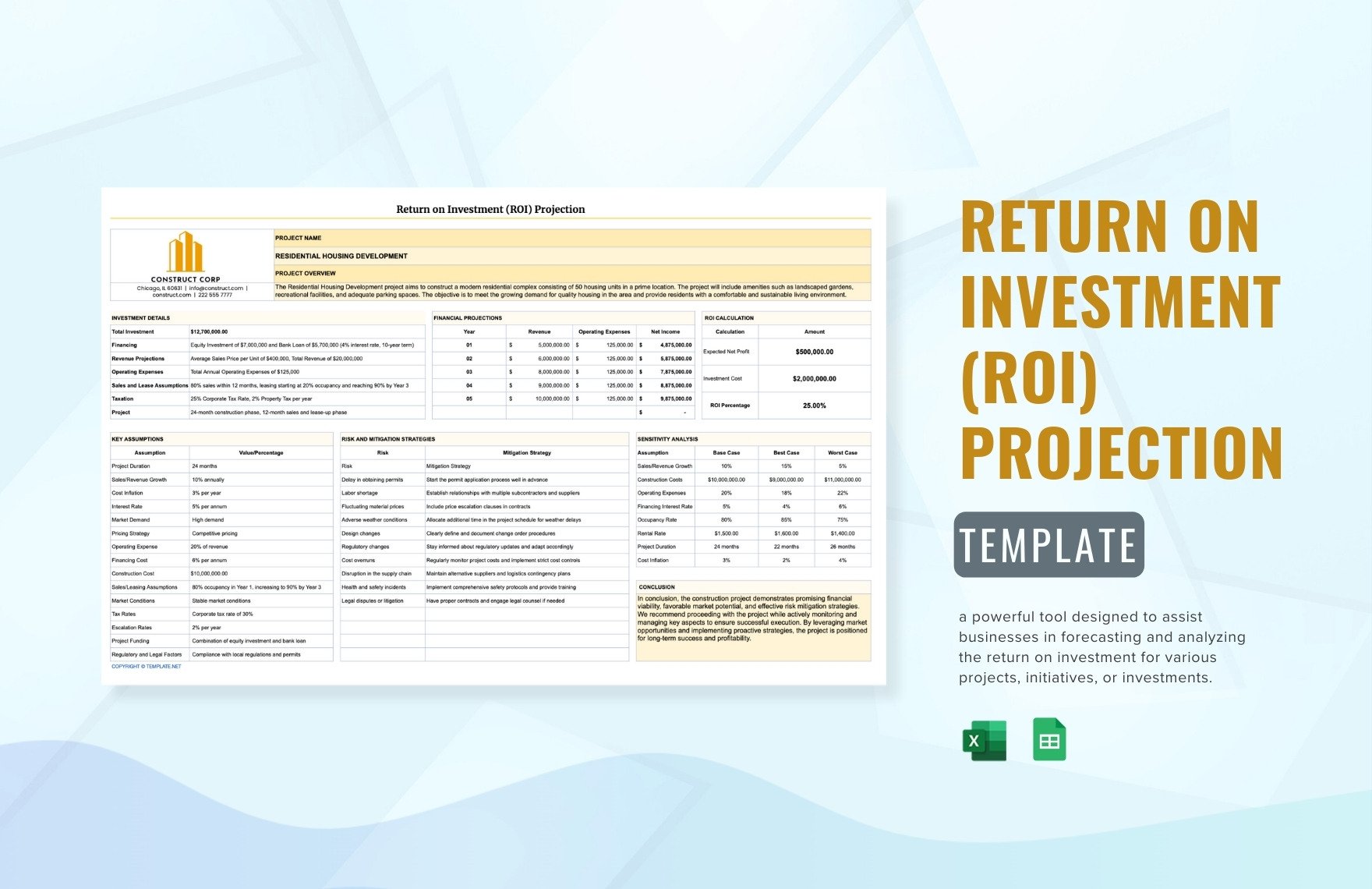 Return on Investment (ROI) Projection Template in Excel, Google Sheets