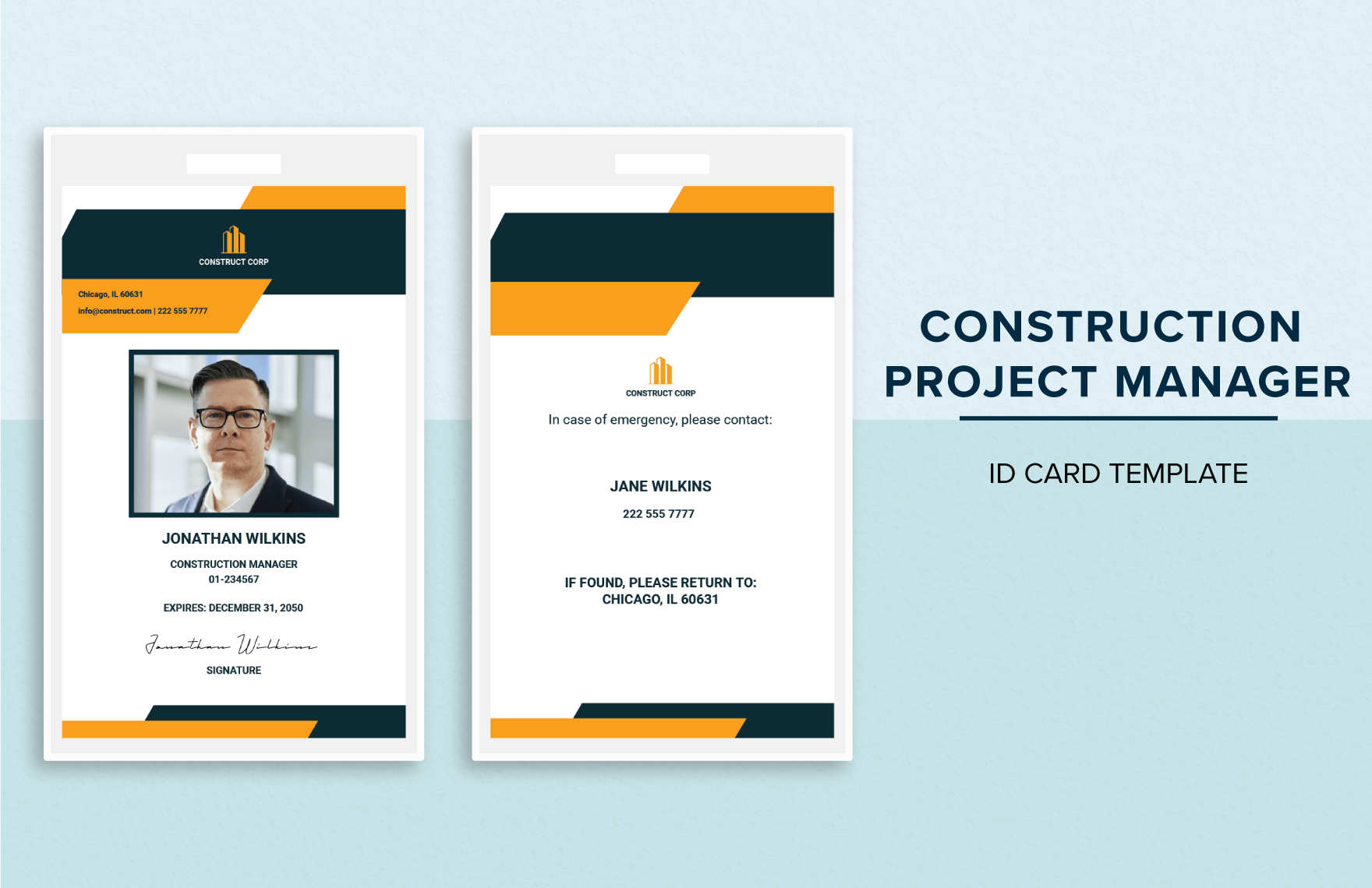 Construction Project Manager ID Card Template