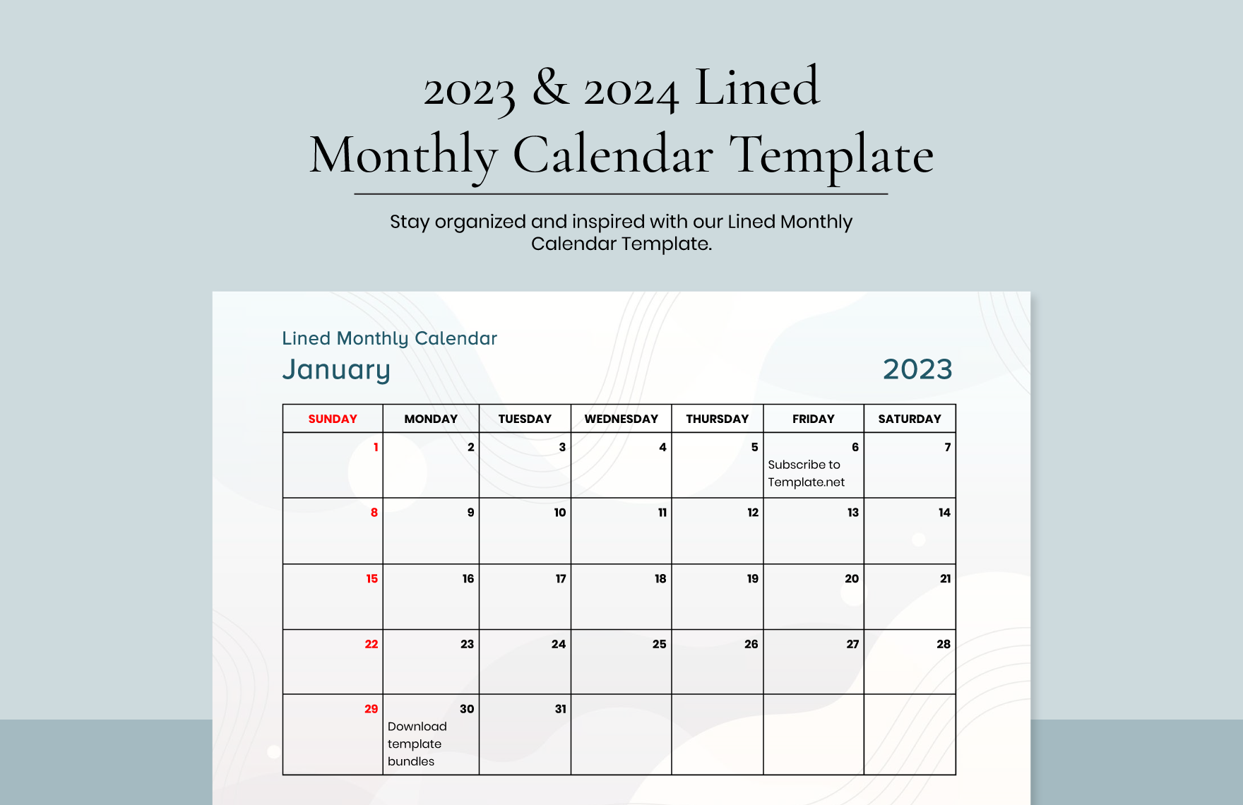 2023 & 2024 Lined Monthly Calendar Template