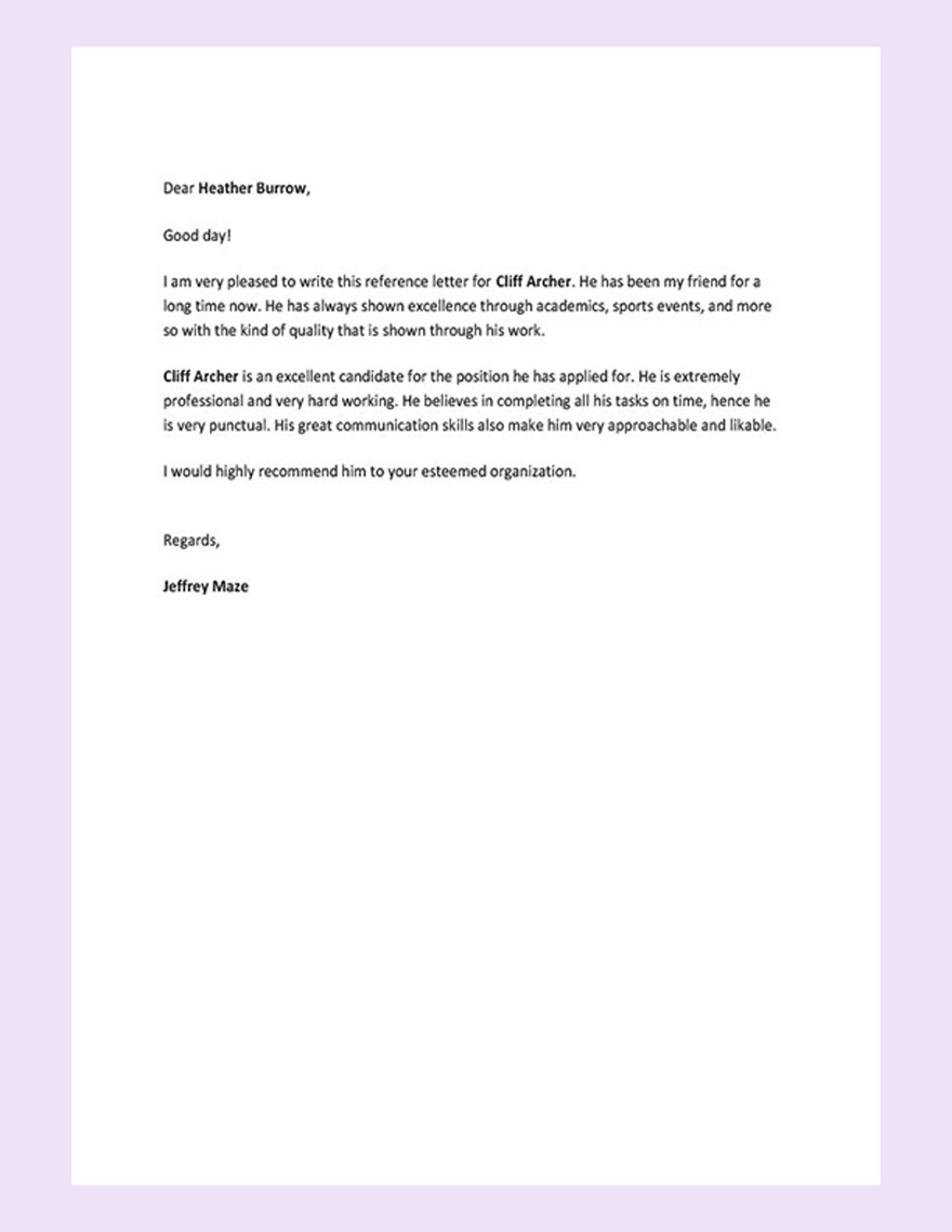 Reference Letter for Friend Template Google Docs, Word