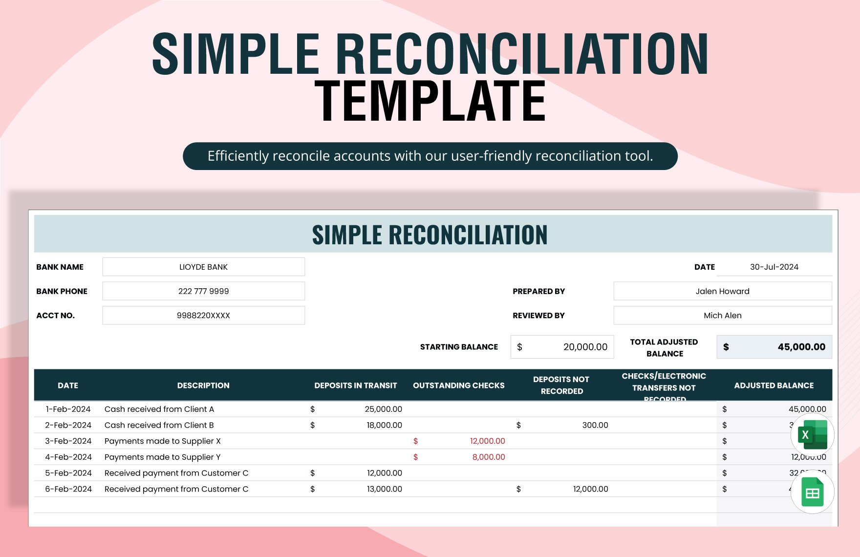 Free Simple Reconciliation Template in Excel, Google Sheets