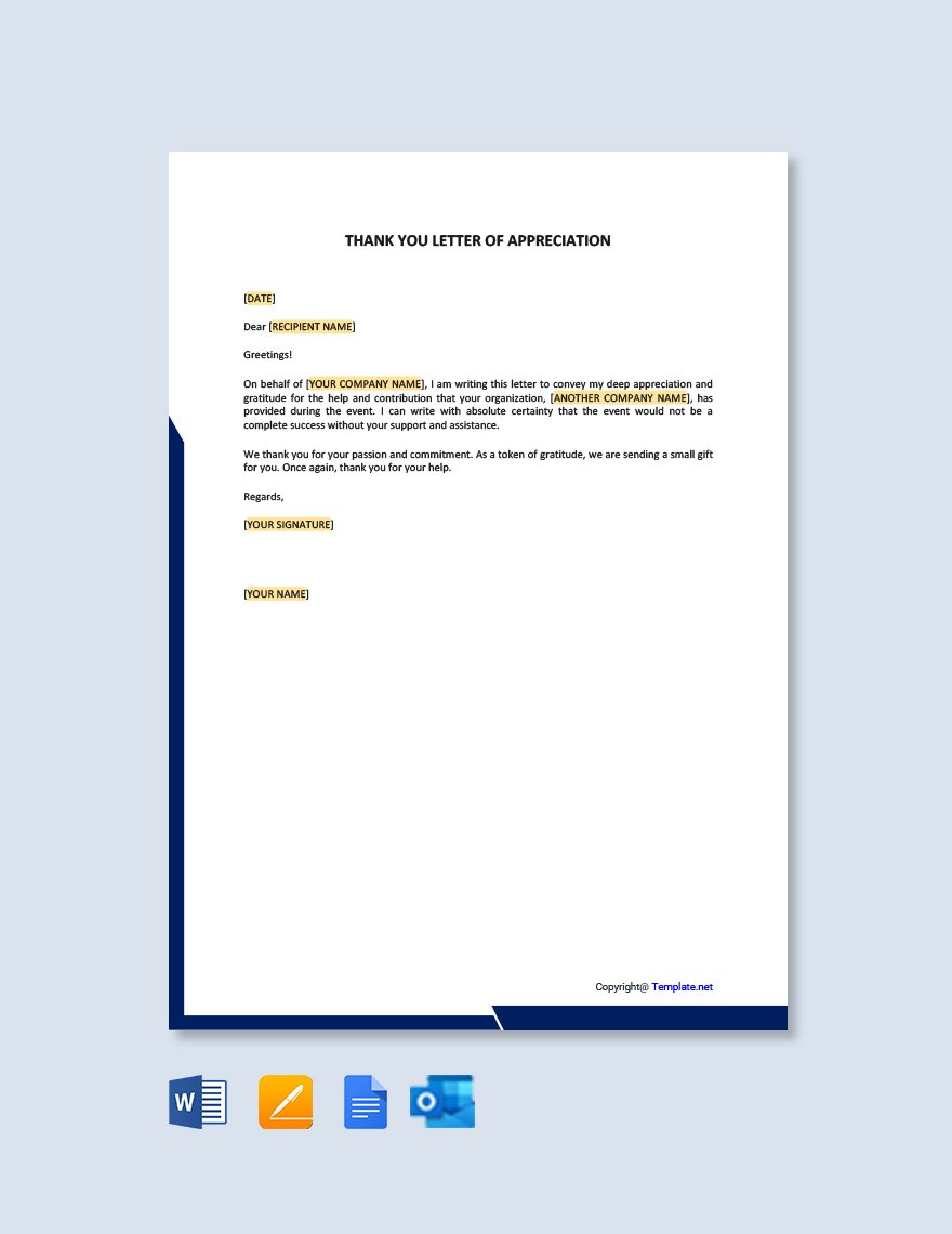 Professional Thank You Letter of Appreciation Template