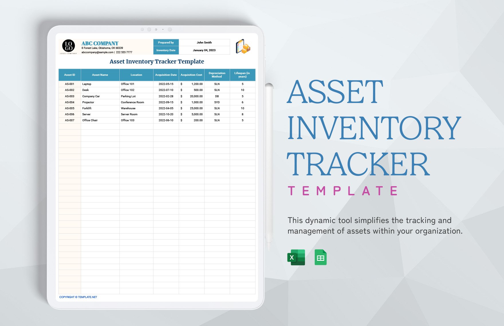 Asset Inventory Tracker Template in Excel, Google Sheets