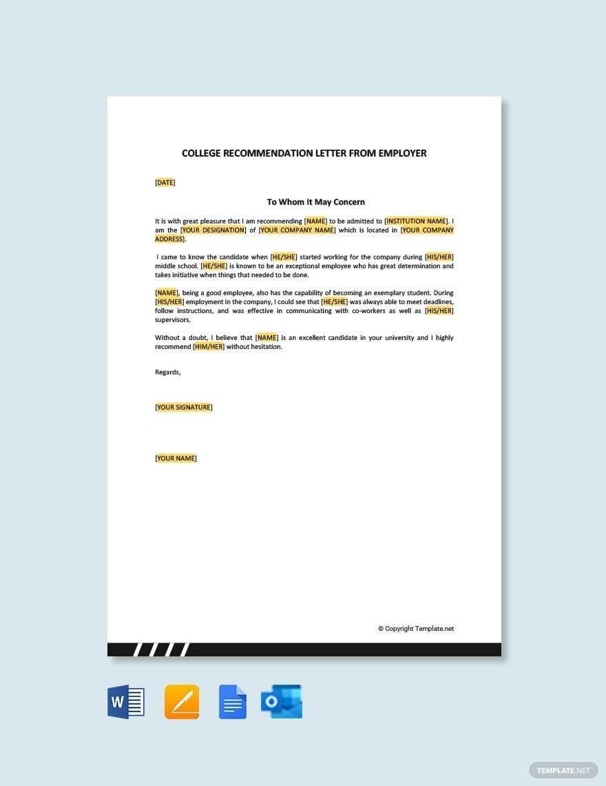 College Recommendation Letter from Employer Template
