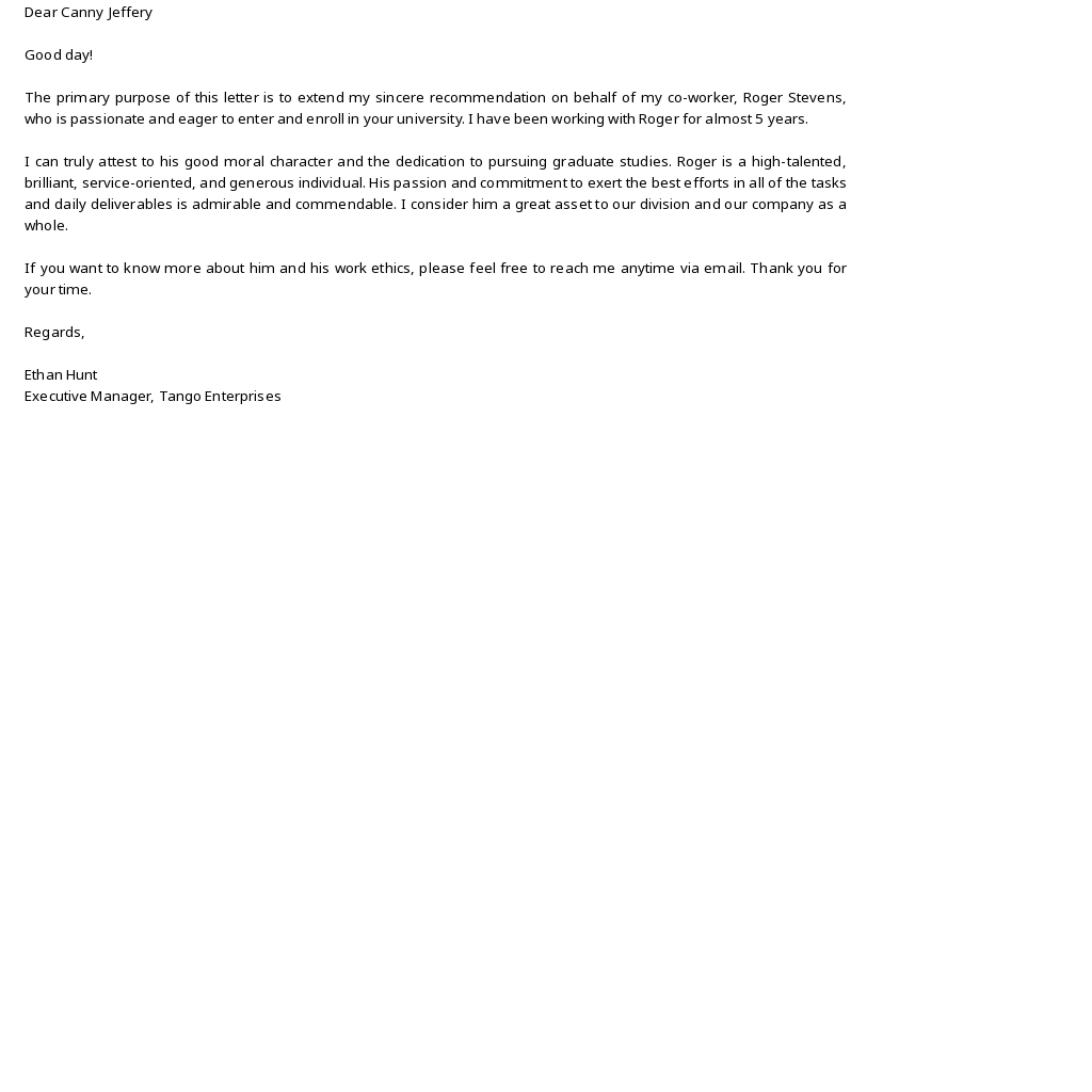 Letter of Recommendation for Graduate School from Coworker Template - Google Docs, Word, Apple Pages