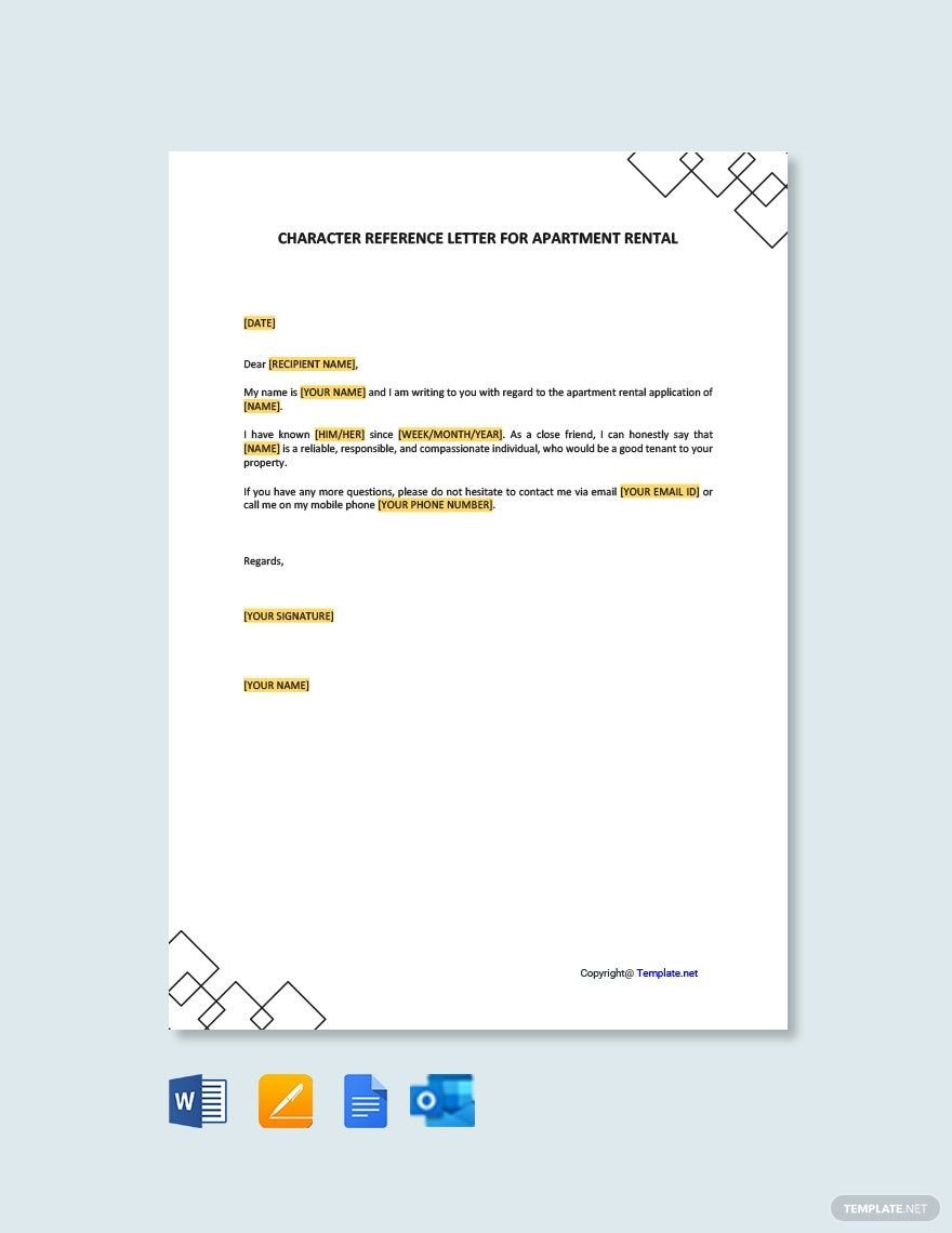 Free Character Reference Letter for Apartment Rental Template