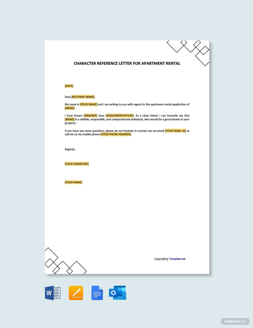 Character Reference Letter for Apartment Rental in Google Docs, Pages, Word, Outlook, PDF - Download | Template.net