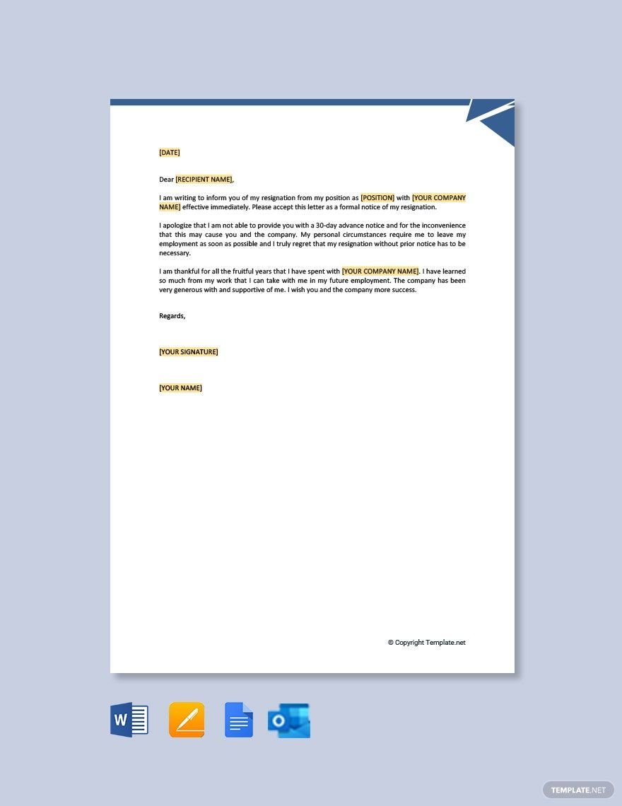 Formal Resignation Letter Without Notice Period in Word, Google Docs, PDF, Apple Pages, Outlook