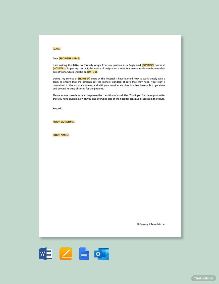 Free Registered Nurse Resignation Letter in Word, Google Docs, PDF, Apple Pages, Outlook