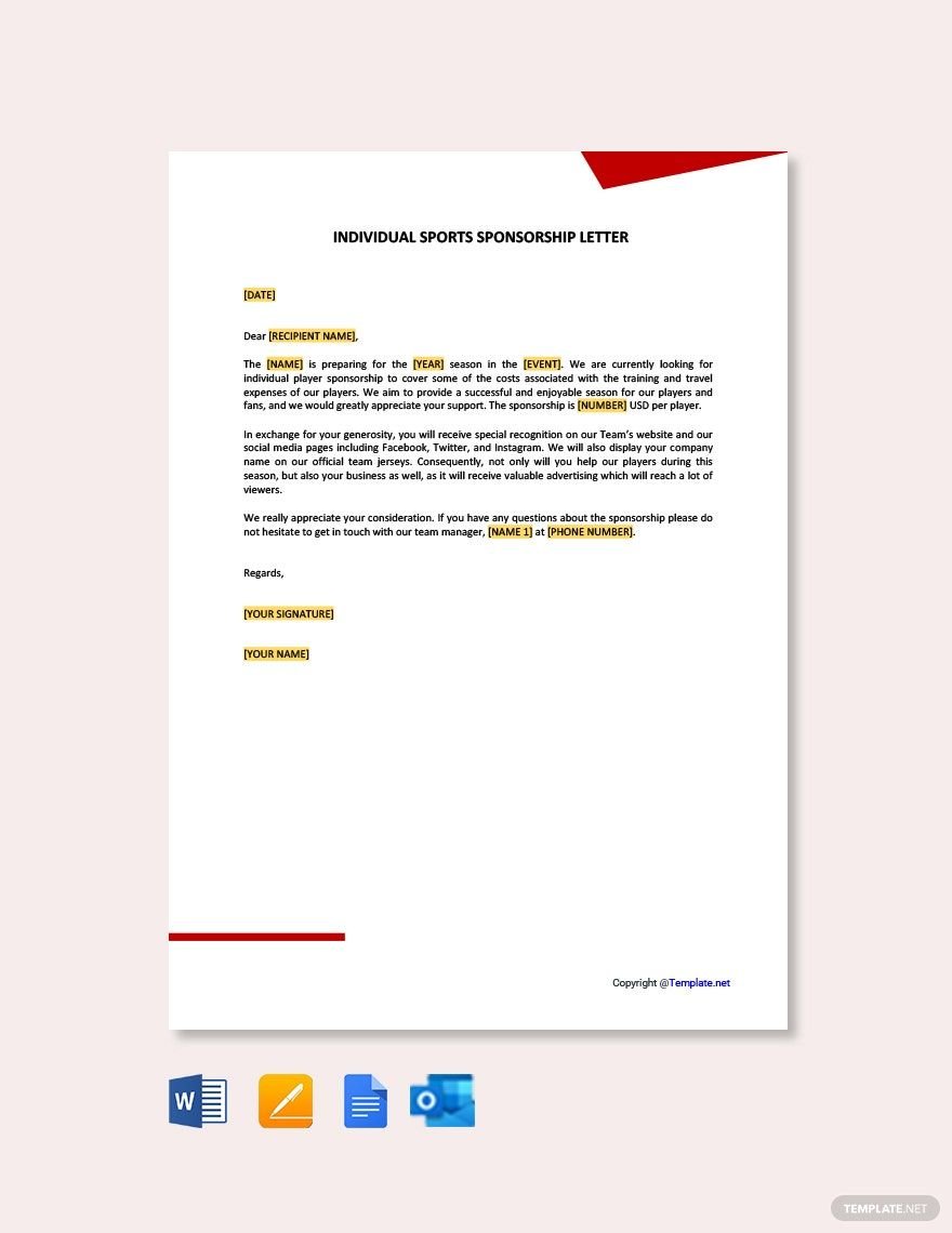 Individual Sports Sponsorship Letter in Word, Google Docs, PDF, Apple Pages, Outlook