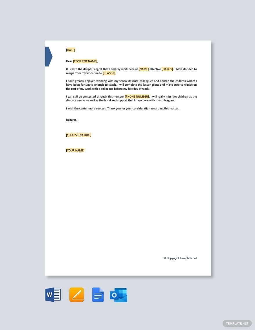 Free Daycare Resignation Letter in Word, Google Docs, PDF, Apple Pages, Outlook