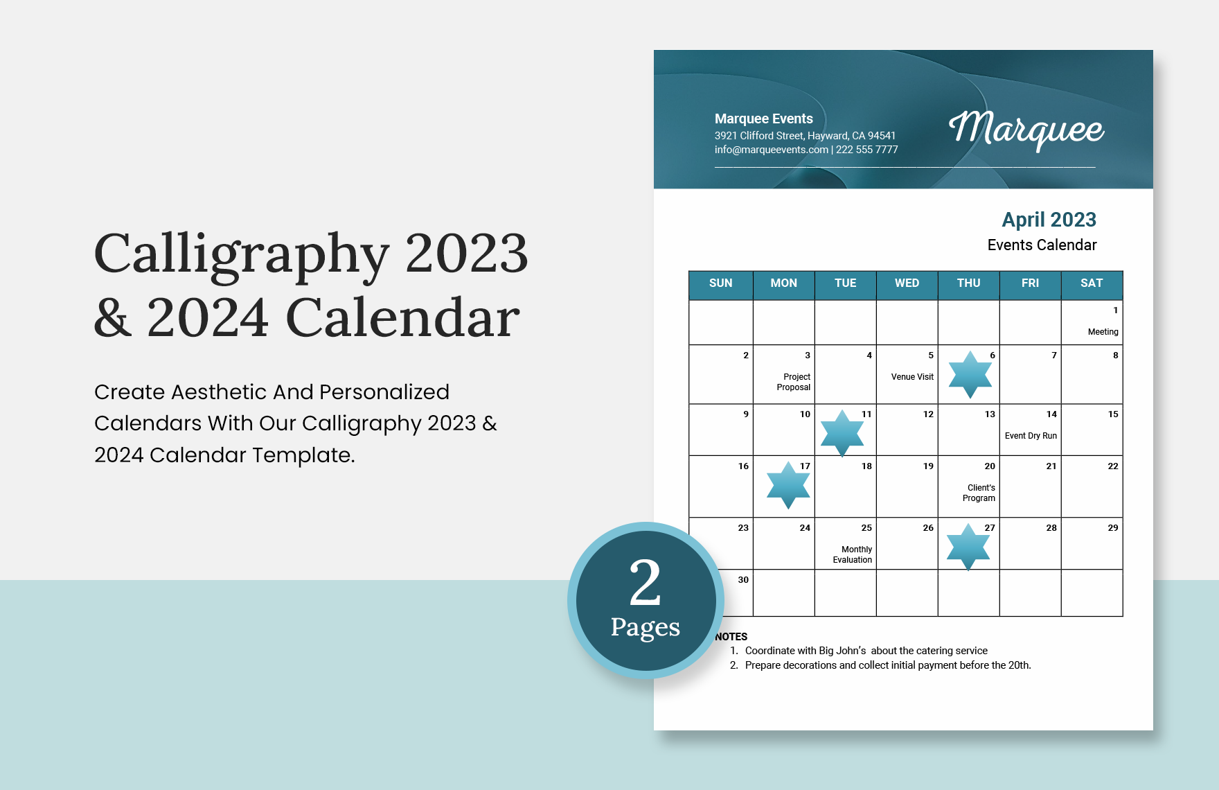 Calligraphy 2023 & 2024 Calendar Template