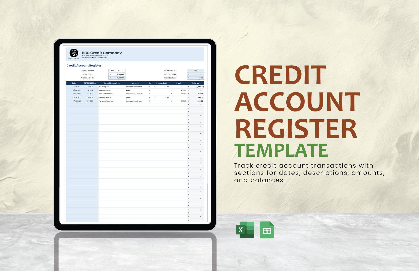 Free Credit Account Register Template in Excel, Google Sheets