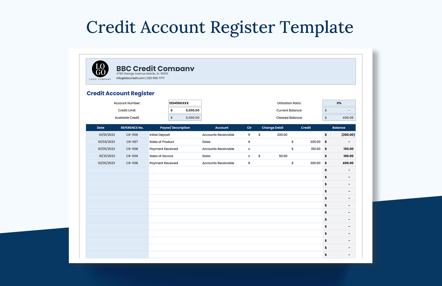 Free Credit Account Register Template in Excel, Google Sheets